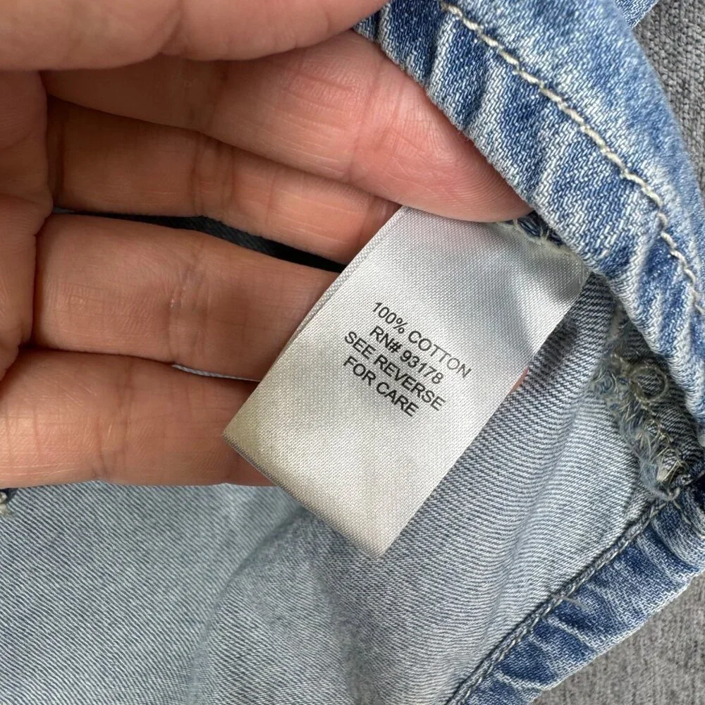 Industry Blue Denim Button Shirt with Puff Ruffle Ruche Sleeve Women sz L - Picture 6 of 9